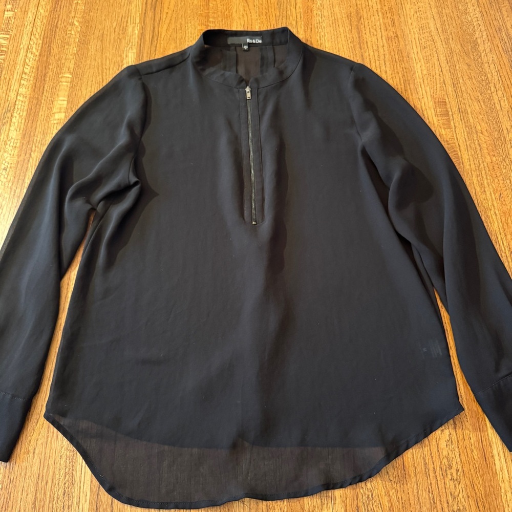 Ro De Shirt Sheer BLACK Loose Fit 1/4 ZIP Top Long Sleeve Medium